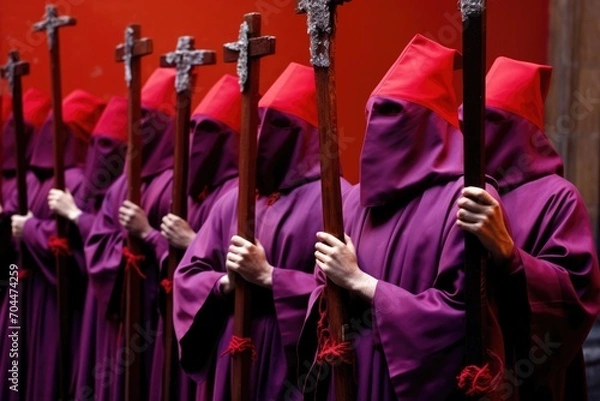 Fototapeta Holy Week , group of penitents holding a cross dresses  with vivid colors.