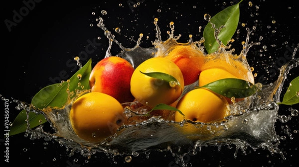 Fototapeta Smooth Fresh Ripe Organic Mango Fruit with leaf falling into water and splashes