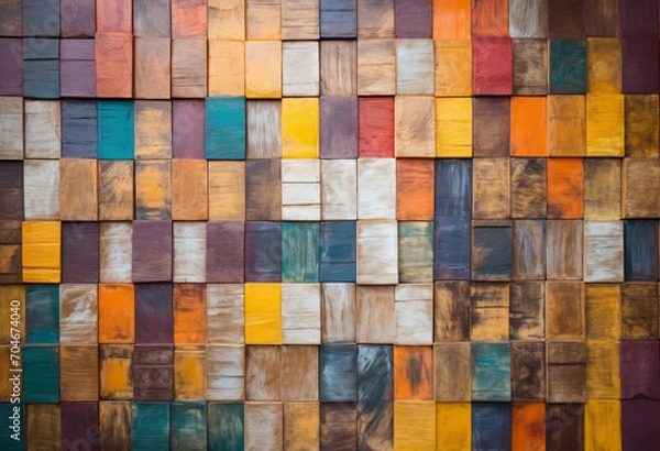 Fototapeta Multicolored wood background on a bright wall, multicolored square blocks, rustic texture, abstract wooden mosaic, recycled materials design.