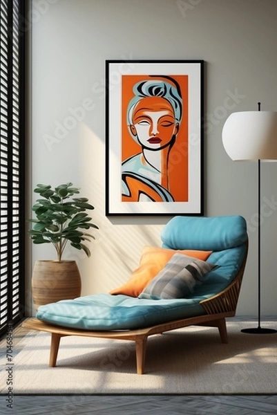 Fototapeta Blue and Orange Minimalist Portrait Painting in a Modern Living Room