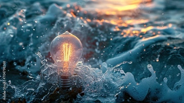 Fototapeta  a light bulb in the middle of a body of water with water splashing around it and a sunset in the background.