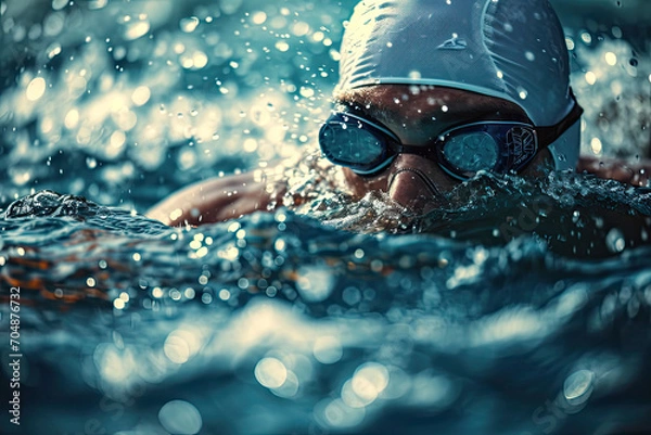 Fototapeta a professional swimmer with white hat and goggles