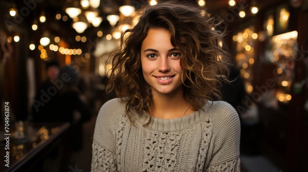 Fototapeta Portrait of a girl with brown hair and eyes wearing a light-colored knitted sweater sitting smiling in a restaurant. Young latin woman looking at the camera in a bar. Background with copy space.