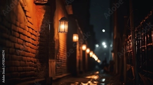 Fototapeta street old brick wall decorated with night lanterns