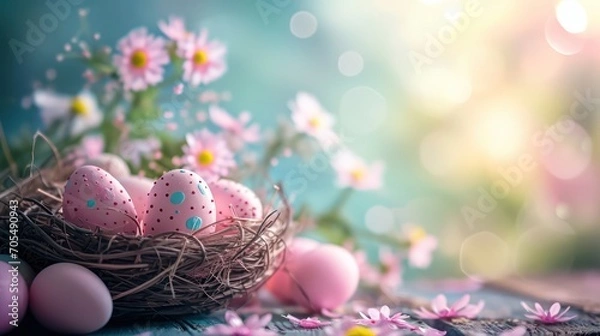 Fototapeta A beautiful Easter background featuring pink eggs on a nest, adorned with enchanting light effects and a subtle blur, copy space