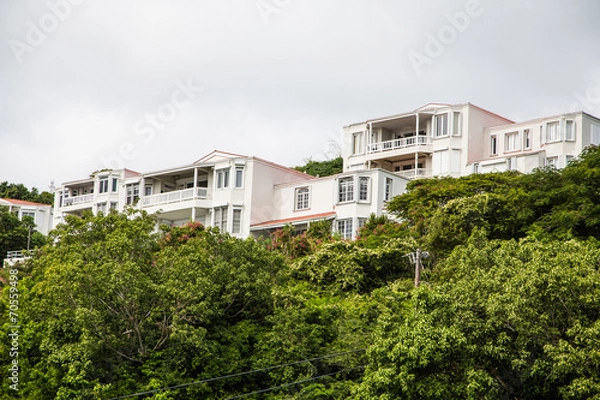 Fototapeta Pink Condos Over Green Shrubs