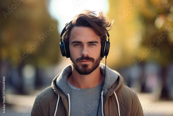 Fototapeta Handsome nice man in headphones listening to music relaxing outdoors generative ai