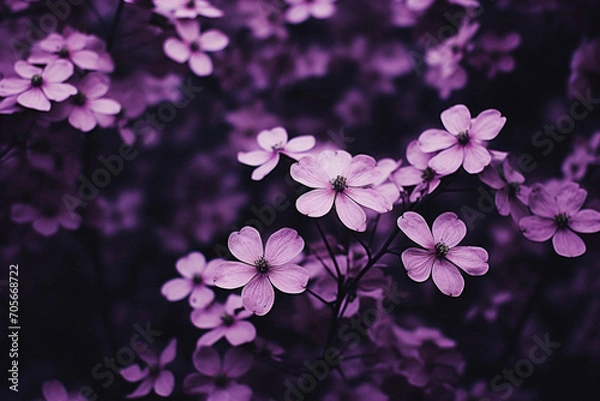 Fototapeta Pink flowers of dogwood on a dark background. Close-up.