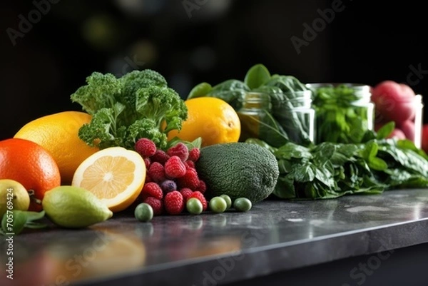 Fototapeta  a group of fruits and vegetables sitting on a counter top next to a jar of fruit and veggies on the side of the counter top of the counter.