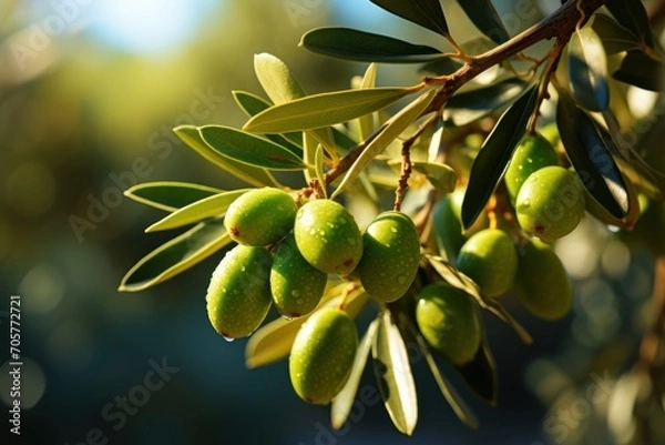 Fototapeta  a branch of an olive tree with green olives hanging from it's leaves and green olives hanging from it's branches, with a blurry background of trees in the background.