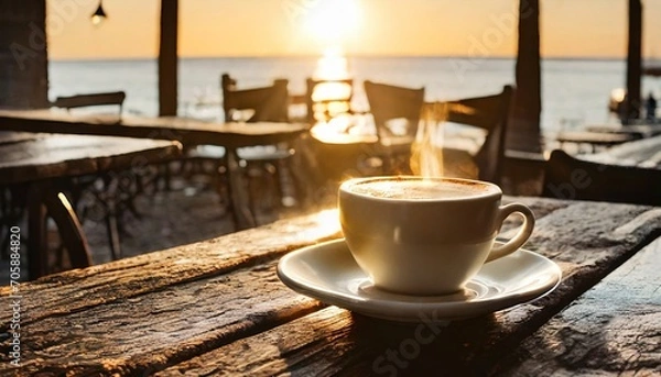 Fototapeta CAFÉ EM CIMA DA MESA DE MADEIRA POR DO SOL FUMAÇA