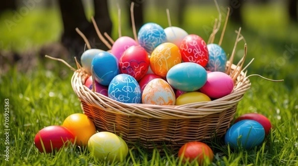 Fototapeta Happy Easter. A basket with Easter eggs on the green grass on a spring day is an Easter decoration.