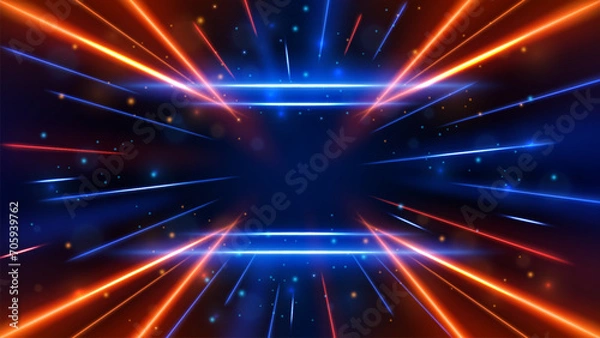 Fototapeta Perspective Glowing Blue and Orange Light Lines with Speed Motion Blur Effect on Dark Background, Vector Illustration