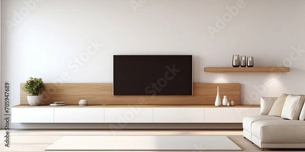 Fototapeta Contemporary living room with white wall, sofa, cabinets, and TV mounted.