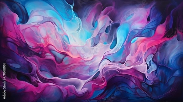 Fototapeta Pulsating waves of neon pink and electric blue on a dark canvas, evoking a sense of cosmic vibration.