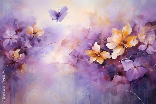 Fototapeta Radiant bursts of lavender and marigold splash across the canvas, narrating a tale of abstract exuberance.