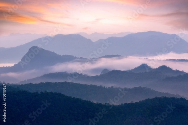 Obraz Beautiful morning landscape with mountains  and sea of mist  at Doi Hua Mod,Umphang Wildlife Sanctuary, Umphang district, Tak Province, Thailand.