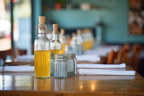 Fototapeta glass bottles for water service on restaurant tables