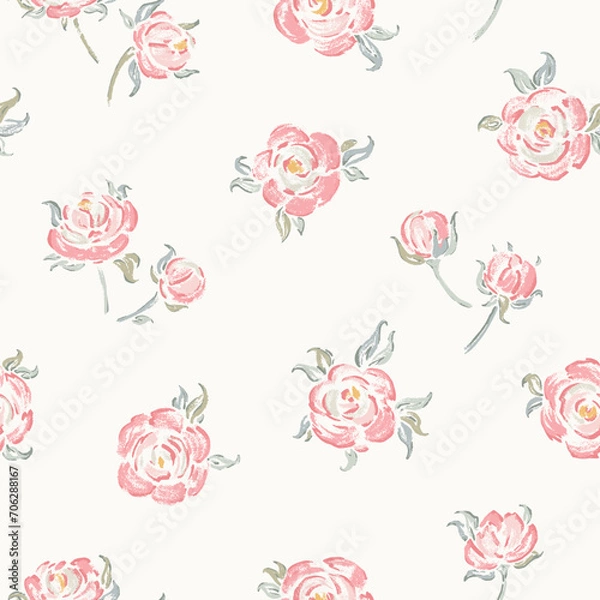 Fototapeta Pink Roses. Rose Flower Seamless Pattern. Flowers and Leaves. Vintage Floral Background. Shabby chic Wallpaper. Millefleurs Liberty Style Design. Vector Illustration.