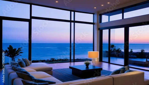 Fototapeta Home showcase interior living room with ocean view at dusk