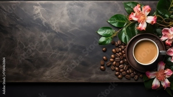 Fototapeta A cup of coffee, coffee bean on wooden tray, on black marble table with copy space	