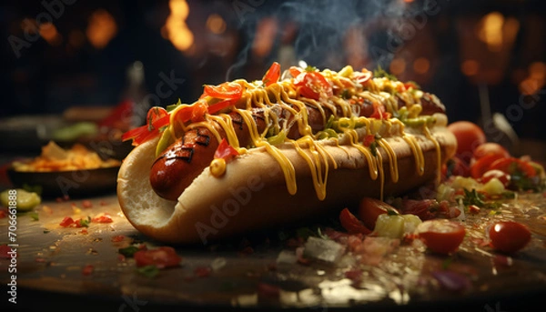 Fototapeta Recreation of a big hot dog with ketchup and mustard