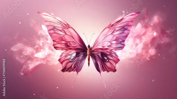 Fototapeta Blossoming sakura flowers and flying butterfly against beautiful background macro in wildlife, soft focus. Elegant artistic image nature scene beauty of nature environment. Generative AI