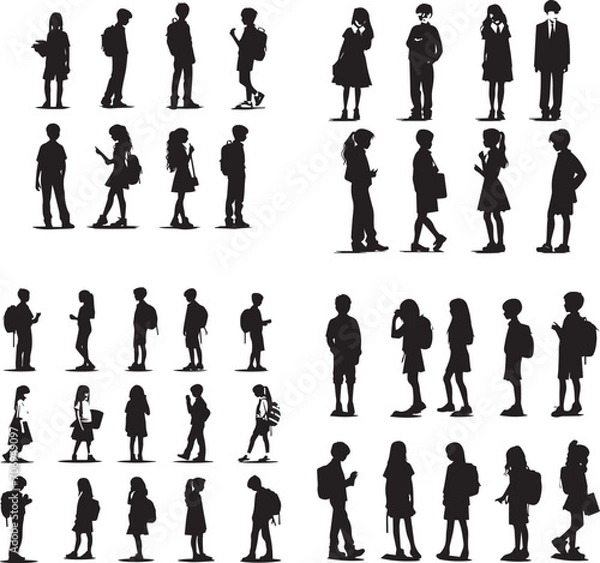 Fototapeta School boys and Girls silhouette on white background 