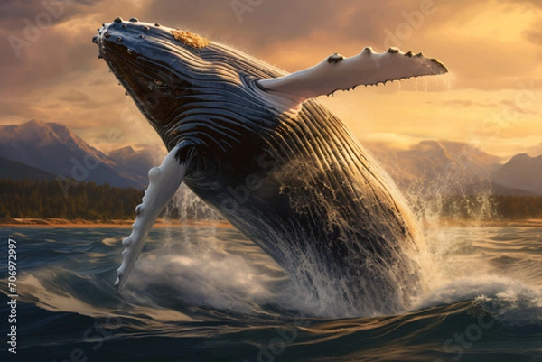 Fototapeta Humpback whale booing off the bay, in the style of photorealistic fantasies, backlight, photo-realistic landscapes, realistic animal portraits, shaped canvas, wimmelbilder, lively movement portrayal

