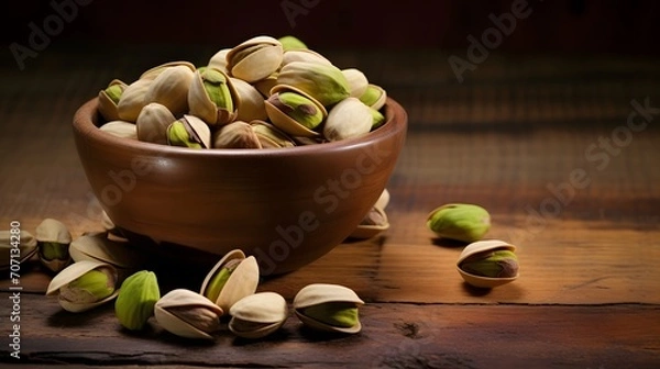 Fototapeta Bowl of pistachio nuts on wooden rustic table. Healthy food and snack.