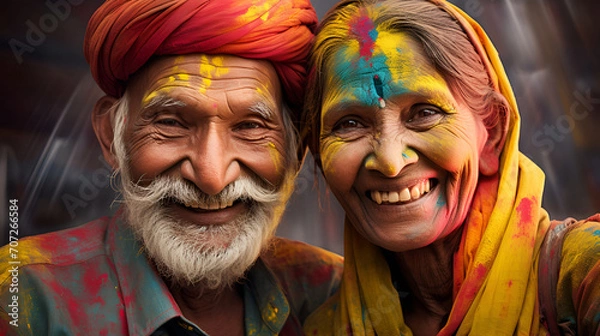 Obraz Joyful Indian couple celebrates Holi with vibrant colors on their faces