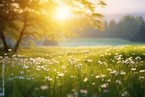 Fototapeta a serene meadow, adorned with vibrant wildflowers and bathed in the soft glow of the morning sun.