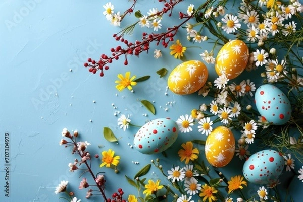 Fototapeta Colorful Easter eggs with spring blossom flower, Holiday border.