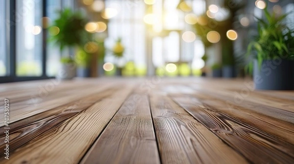 Fototapeta Wood flooring with glass office. atmosphere around office blur background with bokeh