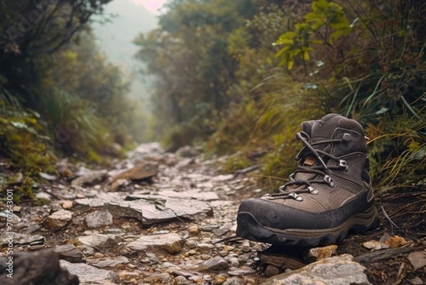 Fototapeta Lonely hiking boot left on a rocky trail Hinting at an untold story