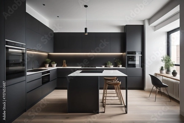 Fototapeta Black kitchen in minimalist studio apartment