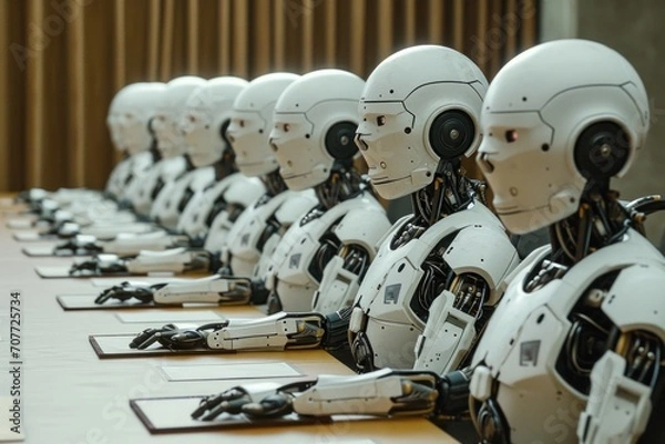 Fototapeta Robots conducting a meeting in a modern conference room, collaborating on tasks and making decisions together