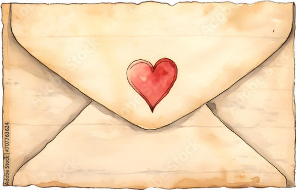 Fototapeta Watercolor old vintage mail envelope letter with red love heart clipart for valentine graphic design