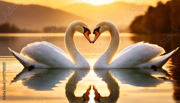 Fototapeta Romantic couple of white mute swans, face to face forming a heart with their necks and beaks. In a beautiful lake at sunset or sunrise. Relationship and love concept.