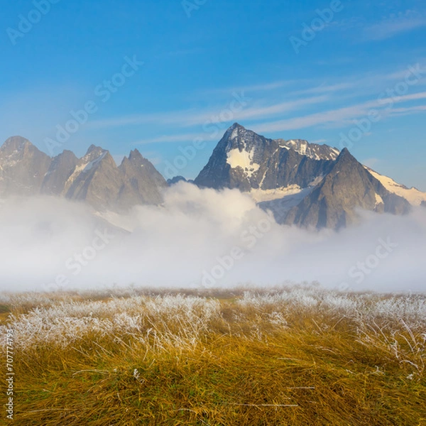 Fototapeta mountain valley in dense mist and cklouds