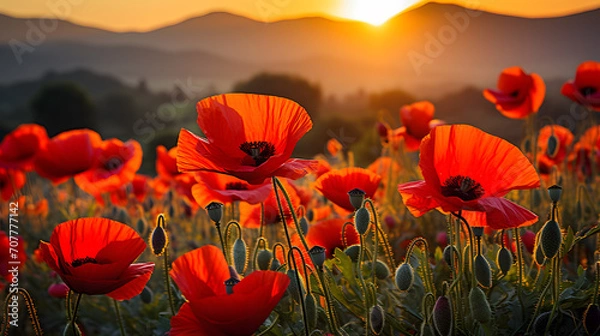 Obraz A photo of blooming poppies, with vibrant red petals as the background, during a Tuscan sunrise