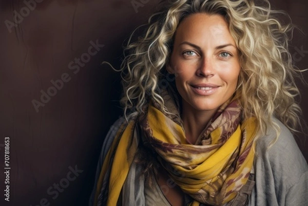 Fototapeta Portrait of a beautiful woman with blond curly hair wearing a scarf