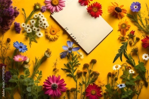 Fototapeta A colorful assortment of wildflowers enhancing a notebook mockup on a bright yellow background, evoking feelings of joy and positivity.