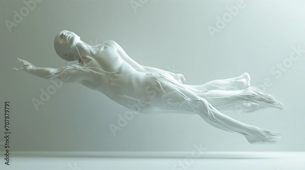 Fototapeta Human body lying down, floating, pure white, minimalist style, generative ai