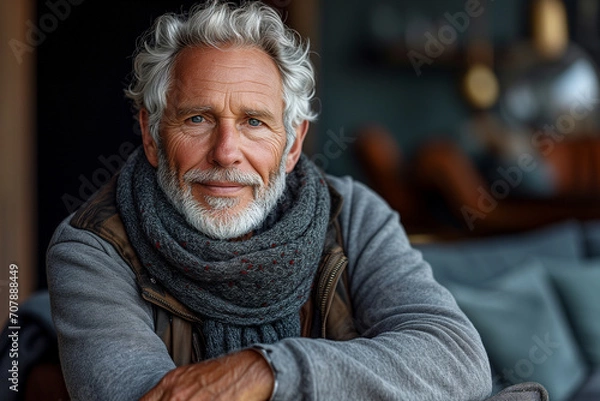 Fototapeta Portrait of an elderly gray-haired man in a brown coat and scarf against a blurred background of a crowd of people in the waiting room. Portrait of a grey-haired bearded man in a jacket.