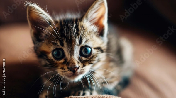 Fototapeta Portrait of a very cute sad kitten with huge eyes in his daily life, space for text