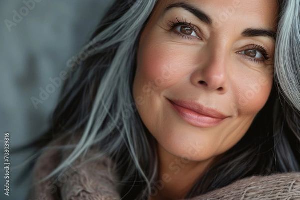 Fototapeta Portrait of a beautiful woman with smooth healthy face skin. Gorgeous aging mature confident woman with long gray hair and happy smiling. Beauty and cosmetics skincare advertising concept.