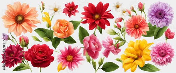 Fototapeta Set of different beautiful flowers on white background. Banner design