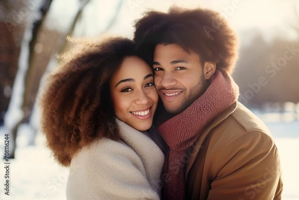 Fototapeta A joyful African American couple is hugging in a snowy park.