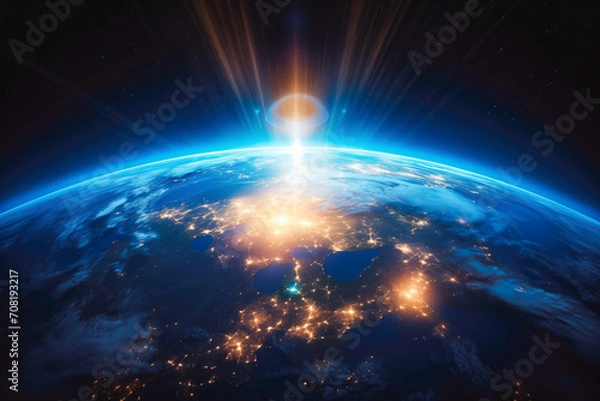 Fototapeta Planet earth from space with lights visible. Vision of sunrise over the earth visible from space. city lights visible on the continents.